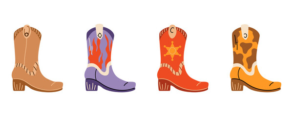 Wild West set. Collection of groovy cute funky hippie boho illustration elements of cowboy shoes. Western stickers
