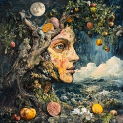 Woman with fruit-laden tree head, night scene