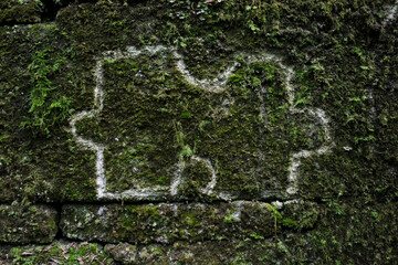 A puzzle piecPuzzle piece shape chalk drawing on a mossy walle carved and chalked onto a mossy wall