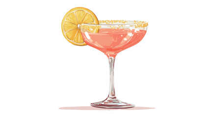 A digital illustration depicting a pink cocktail served in a coupe glass. The cocktail is a light pinkish-orange color. A lemon slice with a visible yellow rind is used as a garnish on the rim of