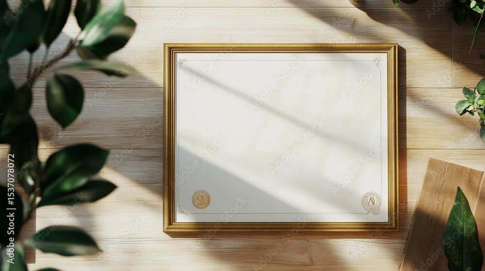 Poster elegant digital mockup of a blank certificate frame with decorative borders and an authentic seal on