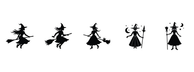 Dynamic Witch Silhouettes in Flight and Enchanting Stance  Classic Halloween and Magical Figures Collection