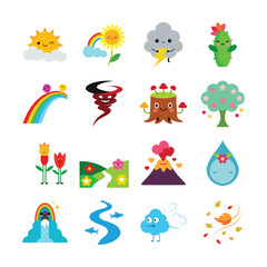 Fototapeta premium Cute Cartoon Weather and Nature Icons Depicting Various Natural Elements and Forces with Smiling Faces on a White Background