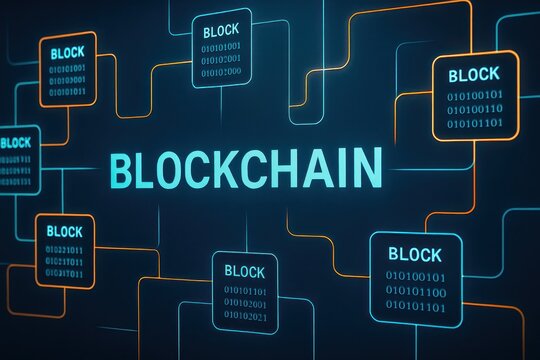Blockchain network diagram with glowing binary blocks and neon lines. AI-generated.