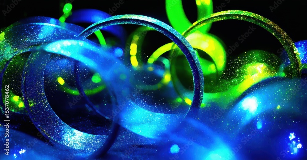 Poster abstract swirls, vibrant blues, greens dominate. glittering particles enhance dynamic composition. d