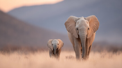 Elephant mother and baby walking dry grass with mountain background