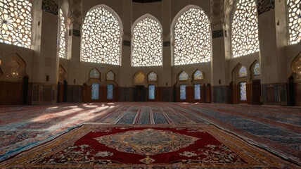 Grand mosque interior with ornate details, stained glass windows and a large prayer rug.