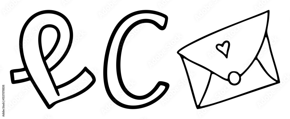 Poster vector elegant letters p and c with a heart-sealed envelope .