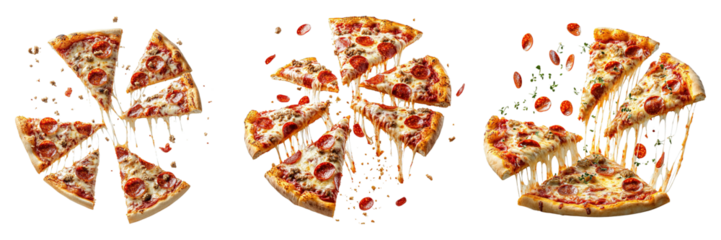 Pizza Slices Flying Apart with Melting Cheese Stretch on Transparent Background