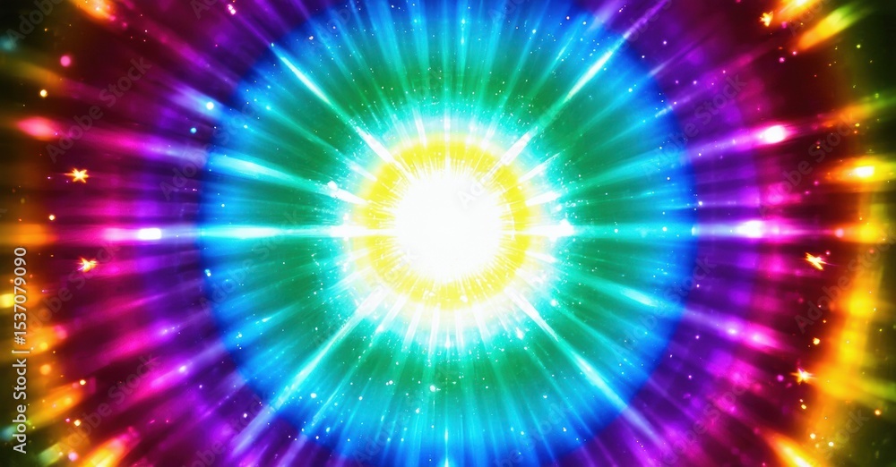 Poster Bright explosion radiates vibrant colors. Concentric rings emanate from central white light source. Dark background emphasizes luminosity.