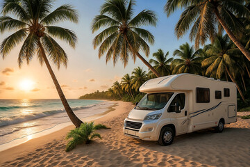 A white camper van is parked on a sandy beach at dawn, with the sea, lush green vegetation and tall palm trees in the background, the rising sun illuminating the entire scene. AI generation