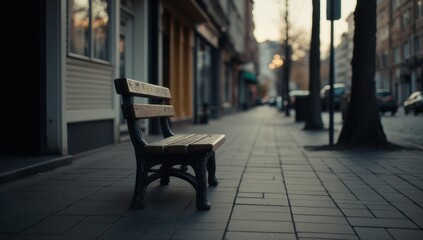 Fototapeta premium Empty bench on calm urban sidewalk in morning light