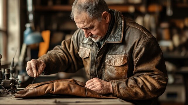 Leatherworker stitching brown leather in workshop with aged hands and vintage jacket