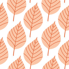 Obraz premium Simple abstract floral seamless pattern with colorful autumn leaves in pink. The leaves are arranged in rows on a white background, cozy fall vibe. Hand drawn botanical leaves.