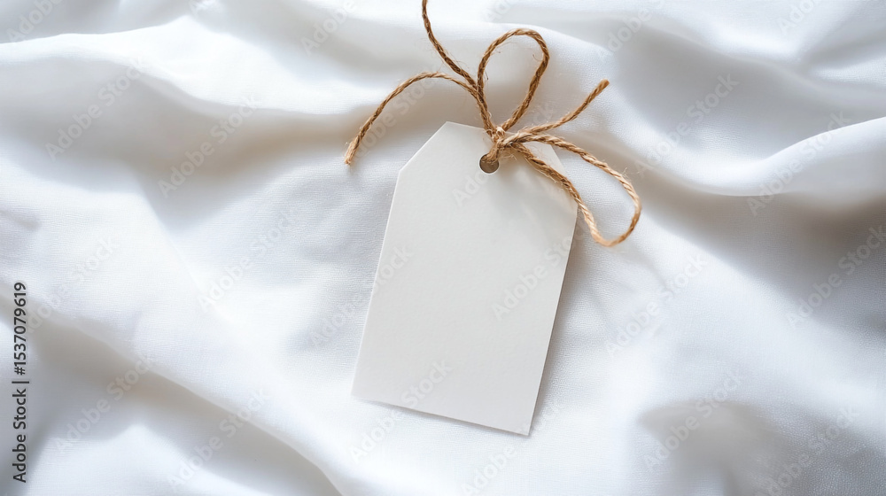 Poster blank paper tag mockup with cotton string on soft white fabric background for creative and artistic 