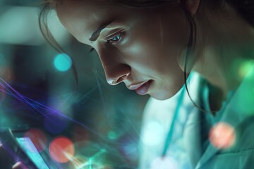Focused Female Scientist Studying Digital Data on Tablet Screen Futuristic Technology Research Laboratory Nighttime Glow Abstract Background Professional Woman Concentrated Expression Serious Science 