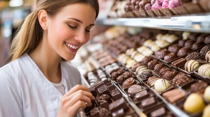 Joyful woman selecting gourmet chocolates from an enticing display in a modern confectionery shop, showcasing a variety of delicious treats and flavors in a bright setting