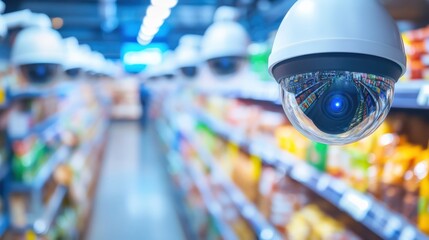 Modern Security Technology in Retail Environment with CCTV Camera Overlooking Grocery Aisle Filled with Colorful Products and Shelves