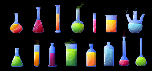 Vector illustration of colorful laboratory flasks and bottles filled with liquids. Includes beakers, test tubes, Erlenmeyer flasks, and jars with bubbling, glowing, or transparent substances. 
