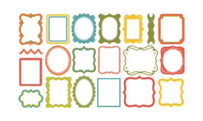 Vector illustration featuring a diverse collection of decorative frames in various shapes and playful styles, rectangles, squares, ovals, and arched frames with whimsical borders, easily editable.