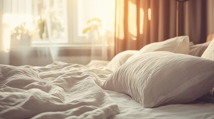 Cozy Bedroom with Soft White Bedding and Pillows Bathed in Warm Natural Light from a Sunny Window, Creating a Tranquil and Inviting Atmosphere for Relaxation