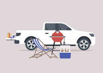 A tailgate party is set up with a grill, beverages, and cool seating gear in an inviting outdoor space, perfect for friends to enjoy some leisure and delicious food