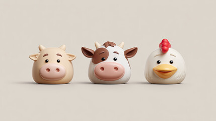 Three cute farm animal heads with happy expressions on beige