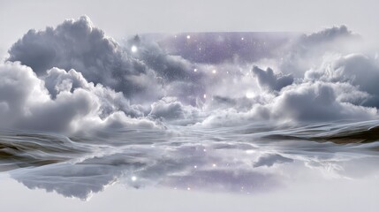 Obraz premium Celestial Reflections: Captivating a serene view of a mirrored sky above a misty lake, the celestial dance of clouds and stars creates a dreamy environment