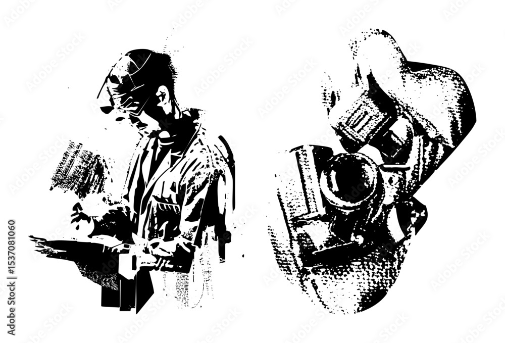 Poster vector illustrative depiction of a scientist examining a complex mechanical device.