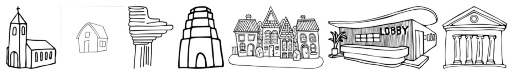 Vector Architectural illustrations depict diverse building facades in a linear style.