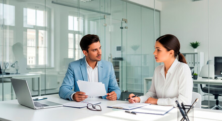 A man and woman sit at a white table in a meeting room discussing documents, with a laptop and charts in front of them.