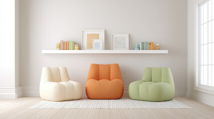 Fototapeta premium Modern living room with colorful soft chairs and books on shelf
