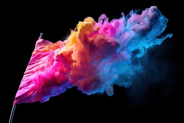 Colorful smoke billows from vibrant fabric flag during artistic event at night