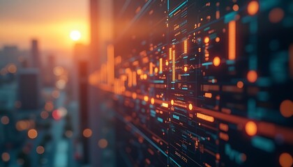 Cityscape Data Stream: Abstract Orange Sunset over Blurred Urban Grid.