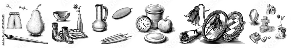Poster vector assorted vintage objects and tools are presented as detailed vector illustrations.