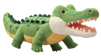 Fototapeta premium Close-up shot of a green plush crocodile toy. The toy is positioned horizontally, facing right. It features a detailed design with textured scales, visible stitching, and a slightly open mouth