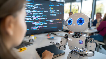 Robotics engineers of diverse backgrounds collaborate around a humanoid robot, interactive digital whiteboard, and modular workspace for team-driven AI development