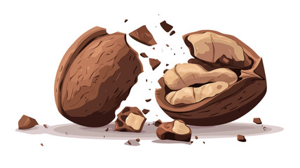 A digitally created illustration depicts a walnut breaking apart. The walnut is depicted in high detail, showing the texture of the shell and the inner nut meat.  Fragments of the shell are
