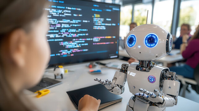 Robotics engineers of diverse backgrounds collaborate around a humanoid robot, interactive digital whiteboard, and modular workspace for team-driven AI development