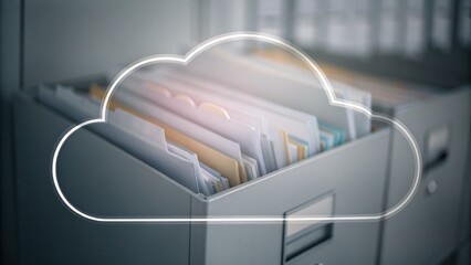 A file cabinet with folders is overlaid by a cloud icon, symbolizing cloud storage and digital file management.