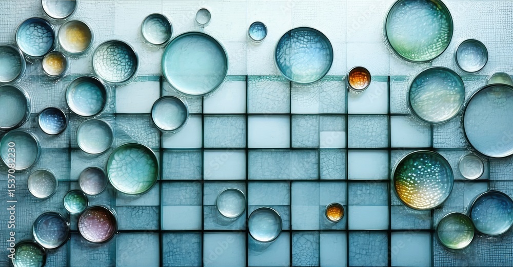 Poster Abstract wall art features varied sized bubbles over grid pattern. Cool tones dominate composition, creating modern aesthetic.