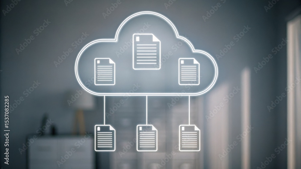 Poster cloud icon with connected digital documents, symbolizing online file storage and data sharing.