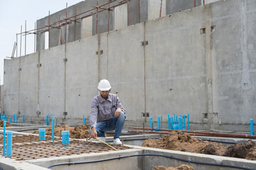 Construction site. Building foundation structure. Civil engineer. Network of pipes. Construction...