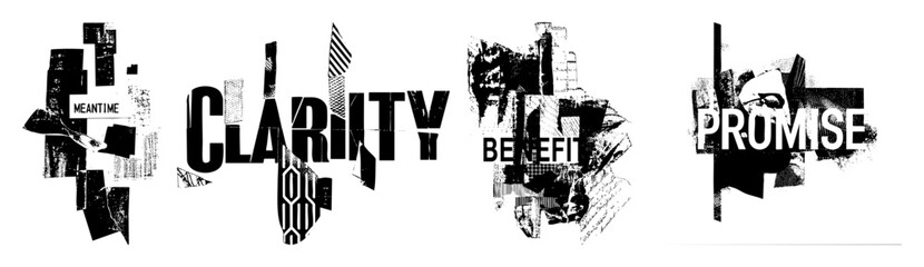 Vector Bold typographic designs featuring words Clarity Promise Meantime and Benefit.
