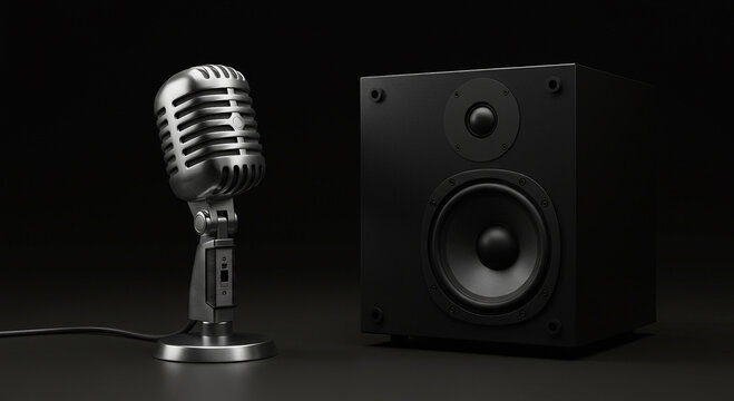 vintage microphone with classic design featured on the left, featuring a silver metal grille and mounted on a sturdy stand