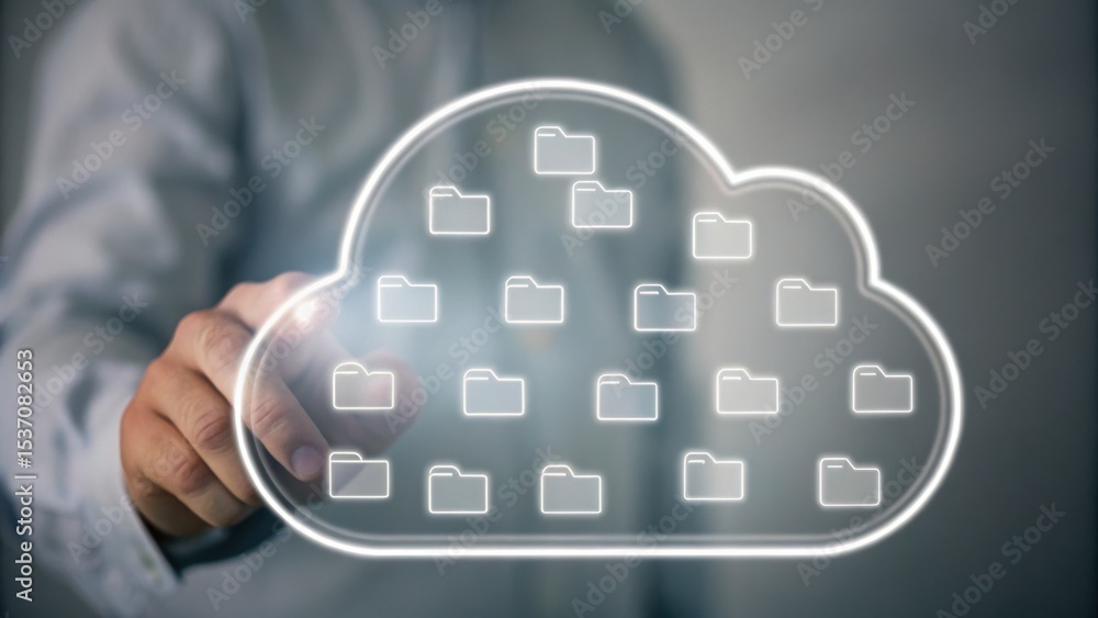 Poster a person interacts with a virtual cloud icon containing multiple digital folder symbols, representin