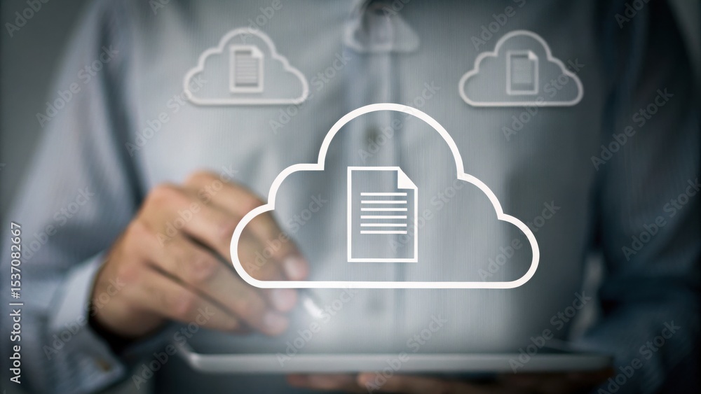 Poster a person uses a tablet with digital cloud storage icons, representing cloud computing and document m