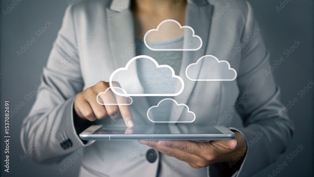 Poster a businessperson uses a tablet with digital cloud computing icons, symbolizing cloud technology and 