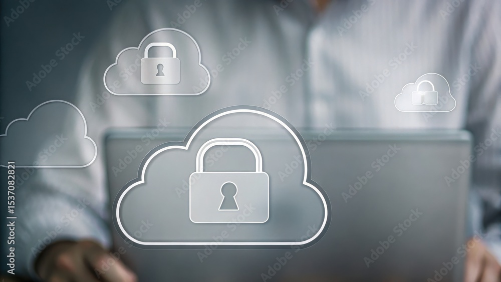 Poster a person using a laptop with cloud security icons, representing online data protection and secure cl