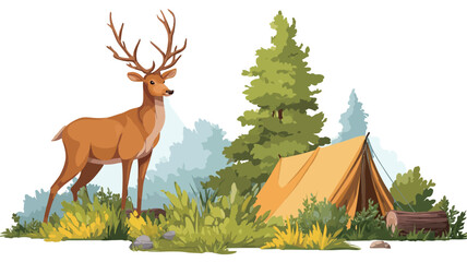 A digital illustration depicting a male deer with large antlers standing in a grassy clearing within a forest setting.  A small, yellow camping tent is partially visible behind the deer, nestled